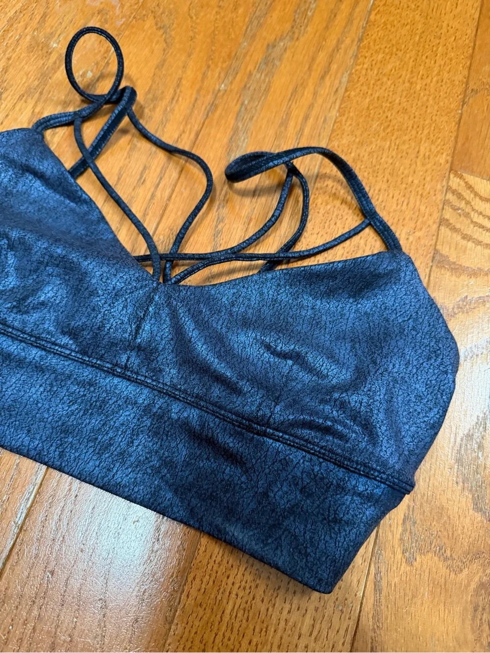 Alo Yoga Metallic Blue Black Strappy Sports Bra Bralette Criss Cross Back